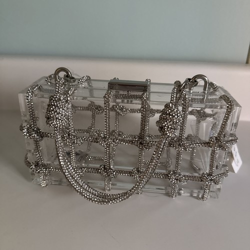 Clear Acrylic Clutch Sparkle Rhinestone Evening Bag Rope Knot Purse Party NEW