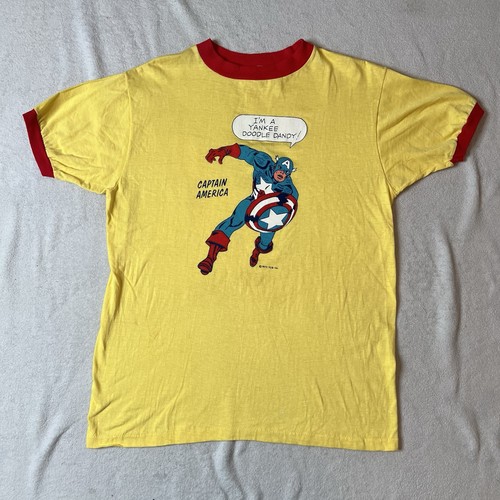 Vintage 1975 Captain America Ringer Medium T-shirt Yellow Tee Red Marvel 70s Cap