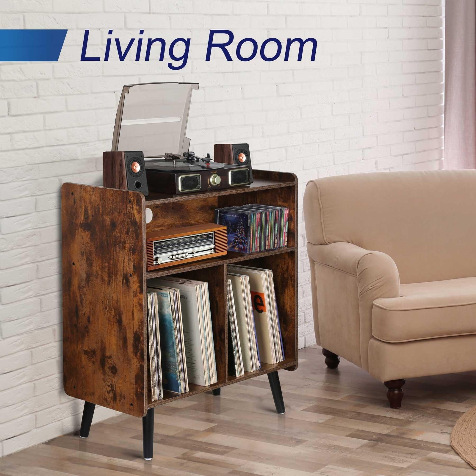 3-Tier Vintage Record Player Stand, Mid-Century Vinyl Record Storage Cabinet ...