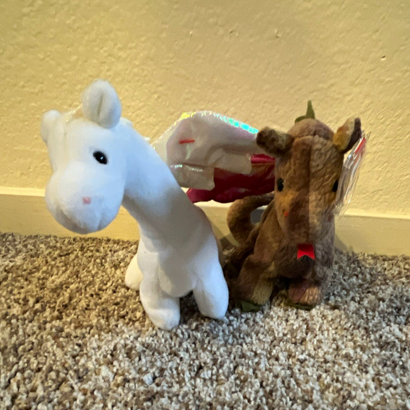 Ty Beanie Babies Magic Unicorn & Scorch Dragon Plush Lot w/ Heart Tags 1999