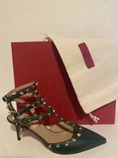 VALENTINO 65mm Rockstud T-Strap Ankle Strap Pump Heel Shoe English Green 37.5EU