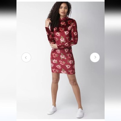 Forever 21 Sz S Burgandy Floral Velvet Mockneck Bodycon Mini Dress  Cottagecore