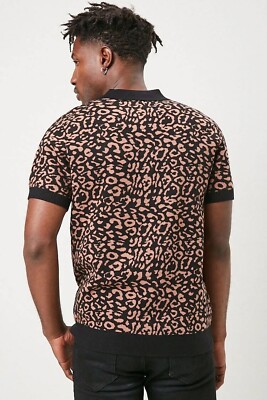 Forever 21 Men's Leopard Print 1/4 Zip Polo - Brown / Black