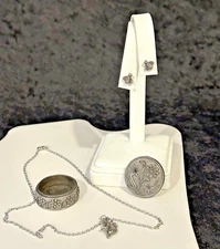 Vintage Torino Pewter Jewelry Trinket Box Set Necklace Pin Earrings Bees Flowers