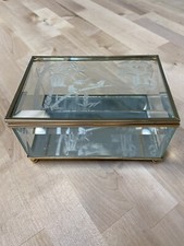 Vtg Trinket Jewelry Box Beveled Glass Mirrored Footed Etched Palm Trees  Birds
