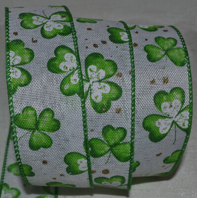 Wired Ribbon~St Patrick's Day Green Shamrock~White~Gold~Clover~1.5''~Gift~Bow