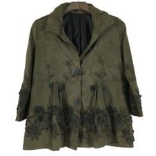 Damee Swing Jacket, Women's S, Olive Green, Floral Applique Bell Sleeve