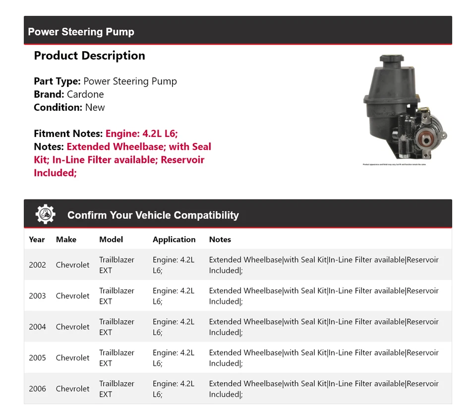 For 2002-2006 Chevrolet Trailblazer EXT 4.2L L6 Power Steering Pump Cardone 2003 - Image 2 of 4
