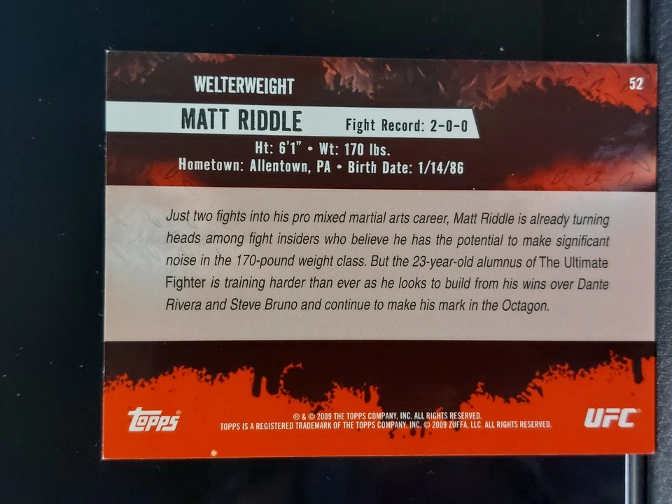 Matt Riddle #52 2009 Topps UFC Round 2 Thick Gold Parallel - Image 2 of 2