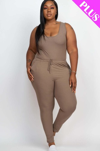 Ribbed Sleeveless Jumpsuit with Drawstring Waist in Plus Size - 第 3/21 張圖片