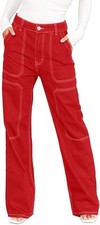 Women's Cargo Stretch Jeans Mid Waist Wide Leg Denim Pants with Utility Pockets