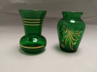 Pair Vintage Anchor Hocking Forest Green And Gold Small Glass Vases Three And A
