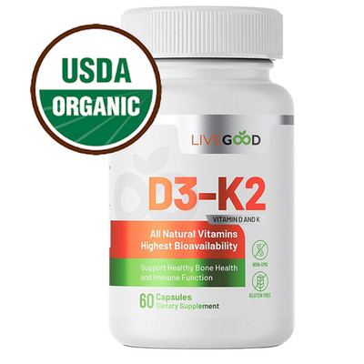LiveGood organic vitamin D3 K2 2000 IU bioavailable 60 capsules 30 day supply