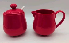 Sweese Creamer & Covered Sugar Dish Bright Red Porcelain