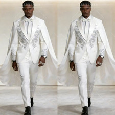 Rhinestone Men's Suit With Cape White Peak Lapel Wedding Bridal Jacket 2Pcs