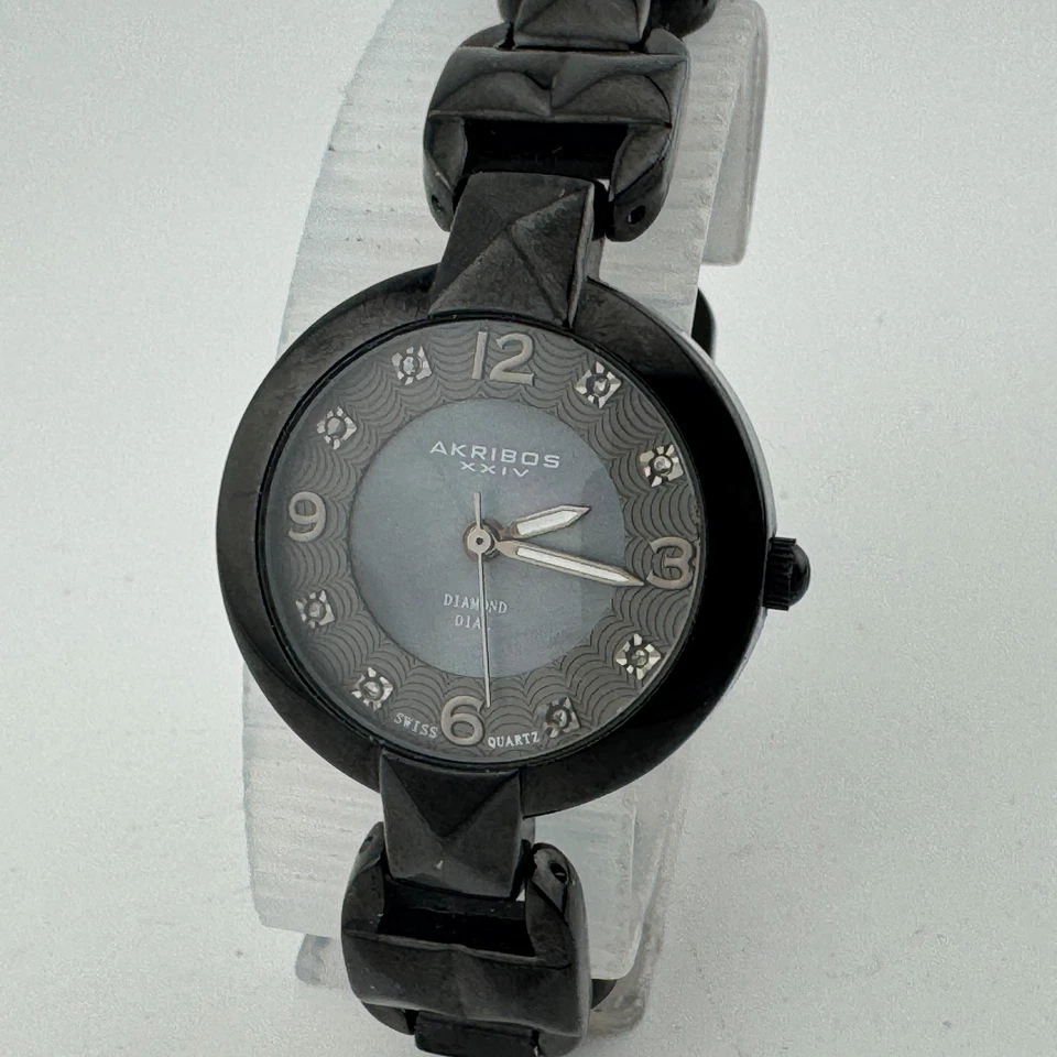 Akribos Swiss Quartz Watch Women Black Abalone Dial Diamonds New Battery 6.5" - Image 2 of 4