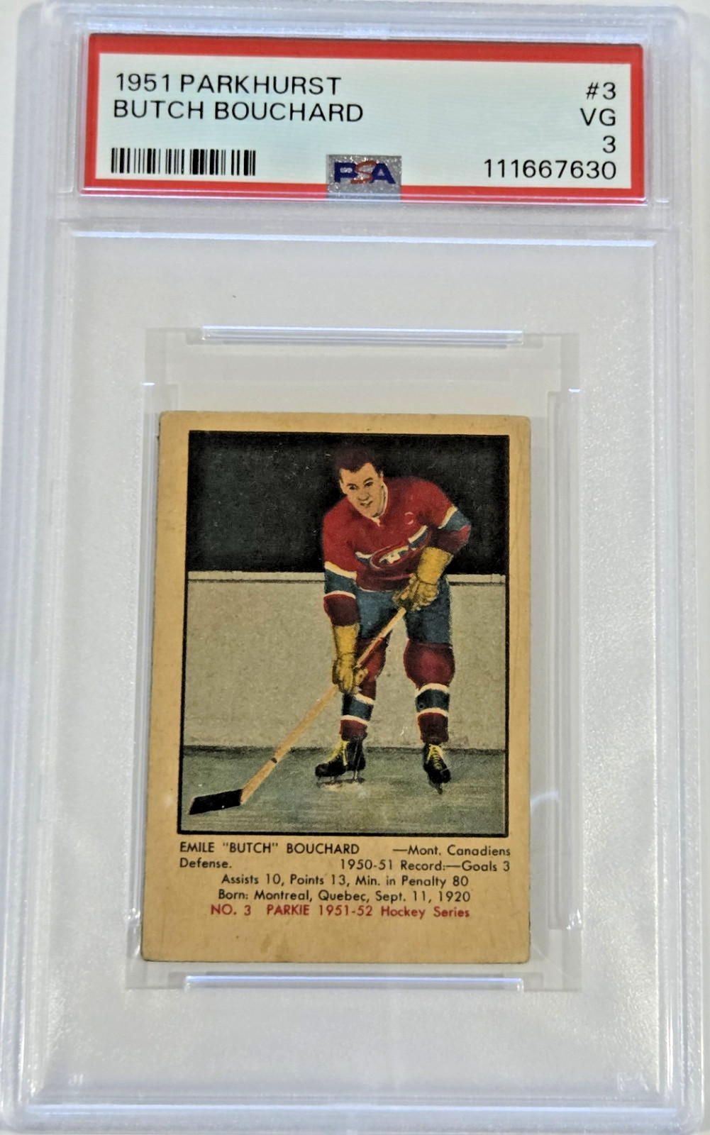 1951 Parkhurst Butch Bouchard #3 PSA 3 VG