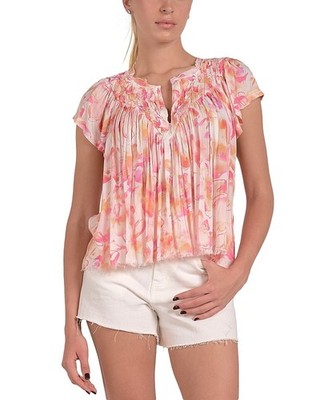 Elan Printed Frilled Short Sleeve Top Pink Allure Women's Size S L113428