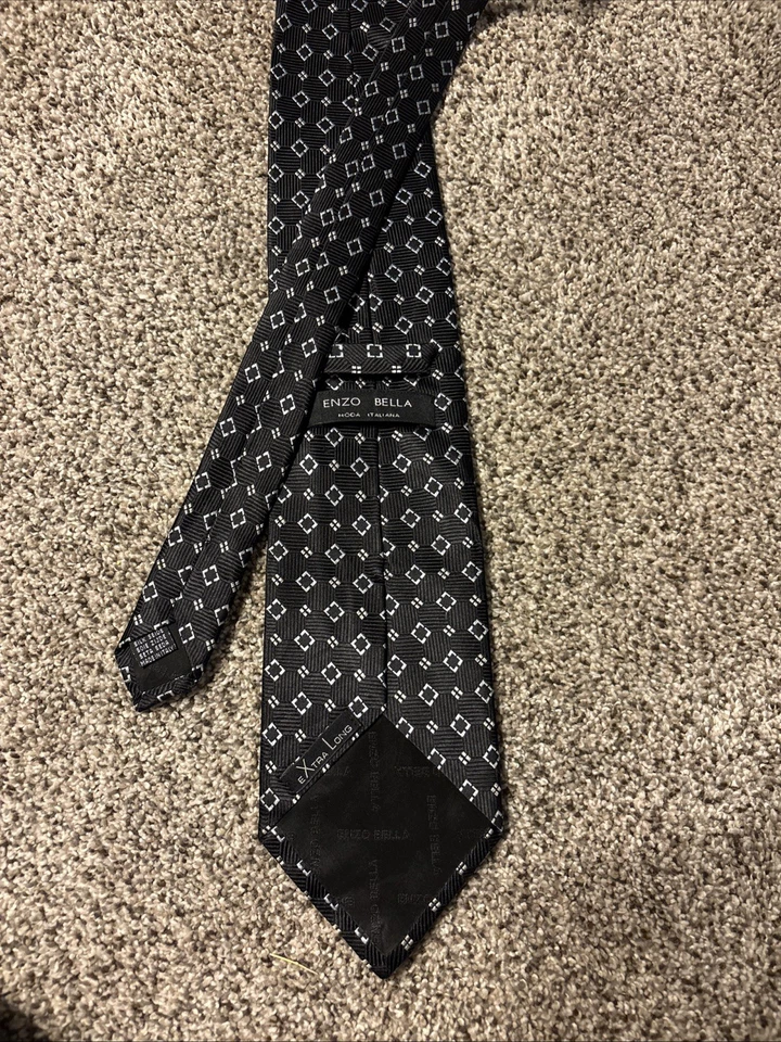 Enzo Bella Moda Italiana 100% шелк мужской галстук дизайнерский черный геометрический - Изображение 2 из 4
