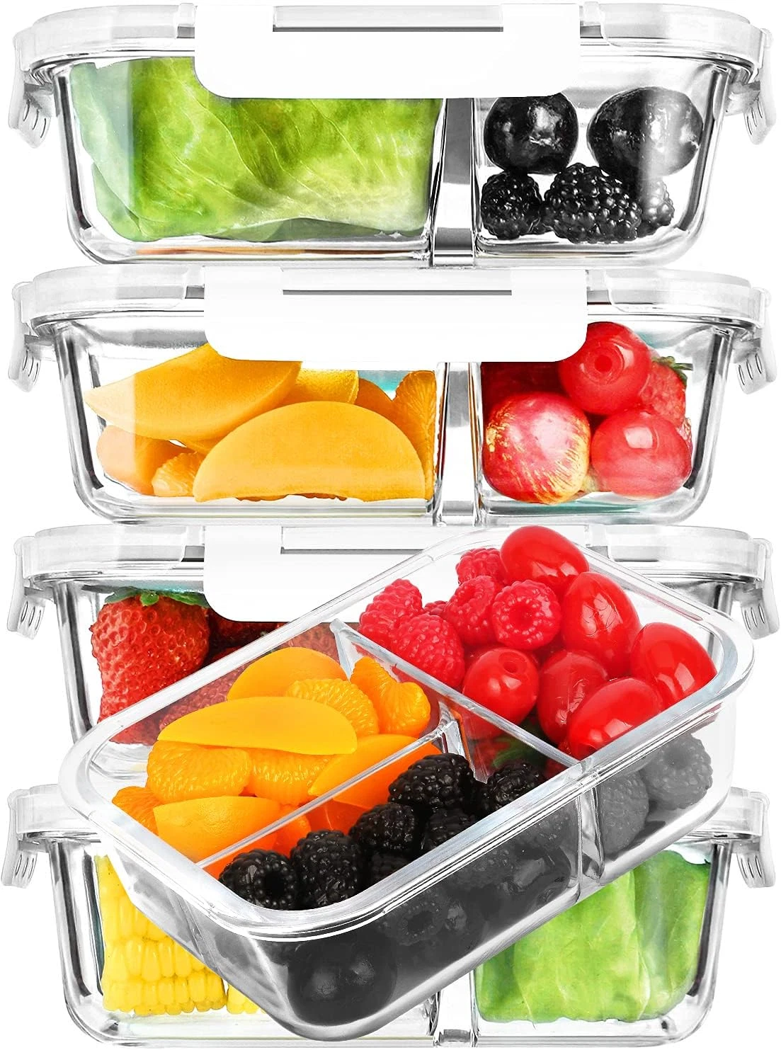 [5-Pack,36 Oz] Glass Bento Box 3 Compartment with Lids, Food Meal Prep