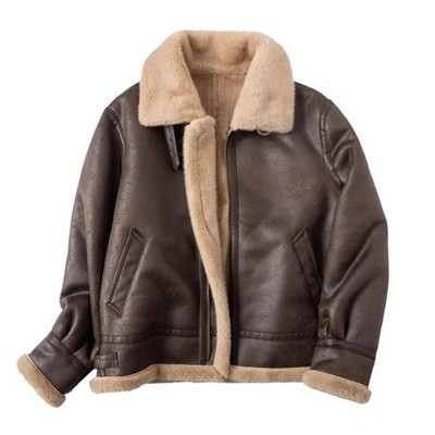 Men's Genuine Brown Bomber Jacket Shearling Style Fur & Sheepskin Leather Coat