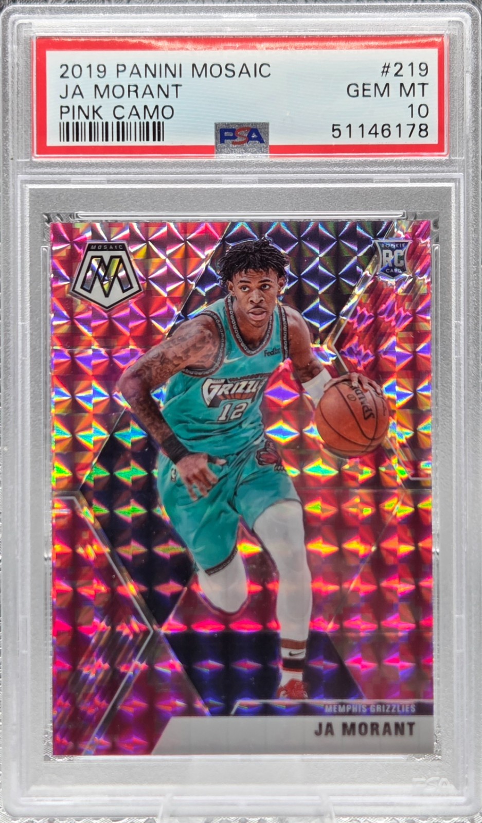2019 Mosaic PINK CAMO REFRACTOR ~ JA MORANT Rookie RC Card PSA 10 GEM MINT