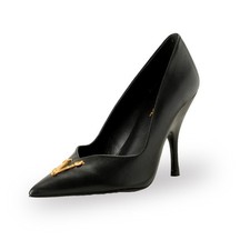 Versace Women's Black 100 Leather V-Logo High Heel Pumps Shoes US 7 IT 37