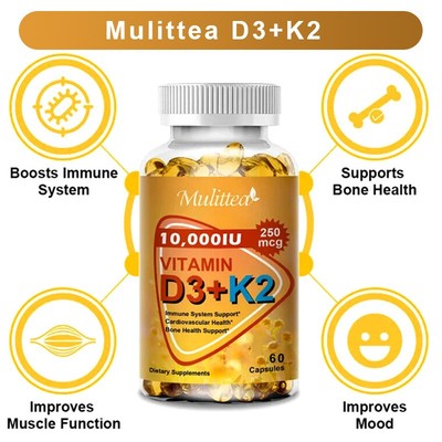 Vitamin K2 (MK7) with D3 10000 IU Supplement, BioPerine Capsules, Immune Health