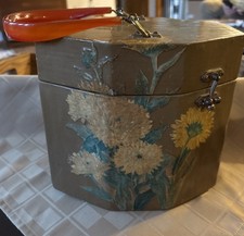 Vintage 1960s Wooden Box Purse Octagon Decoupage Floral Handbag Lucite Handle