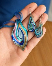 Art Glass Teardrop Pendant Necklace Earrings Set Blue Iridescent Boho Jewelry