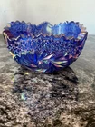 Cobalt Blue Vintage Carnival Glass Saw Tooth Bowl Whirling Stars Pattern