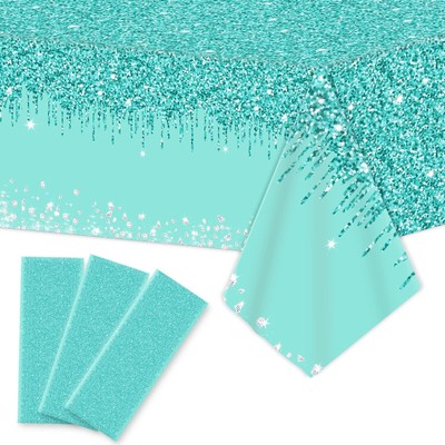 3 Pieces Teal and Silver Tablecloths for Happy Birthday Party Decoration Plas...