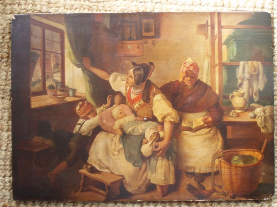 Ölgemälde Familie in einer Bauernstube Öl auf Holz wohl um 1880/90 - Bild 2 von 4