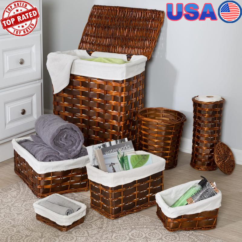 Stylish Wicker Laundry Hamper Bathroom Storage Basket Set of 7 Multi-Purpose-image