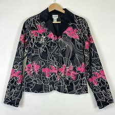 Chico's Black Satin Pink Embroidered Floral Blazer Jacket Womens 0 Small 4