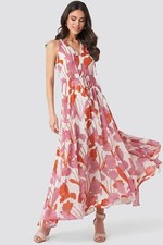 Mango Luzia Dress Sun Long Maxi Sleeveless Spaghetti 4 White Pink Floral Belted