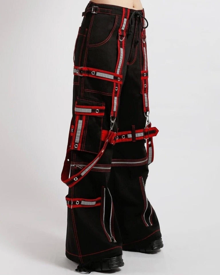Men Black Tripp Pant Punk Rock Gothic Style Trouser with Red Straps 100% cotton - Image 2 of 4