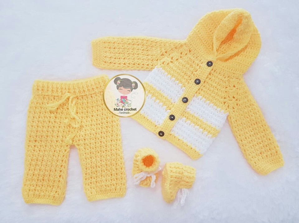 Coffret Cadeau Bébé Garçon Fait Main Au Crochet : Chapeau Et Bottines - Taille 0-3 Mois - Neuf (sans étiquettes)