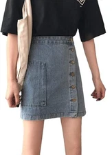 Women's Casual High Waist Side Button Packaged Hip A Line Short Denim Skirt
