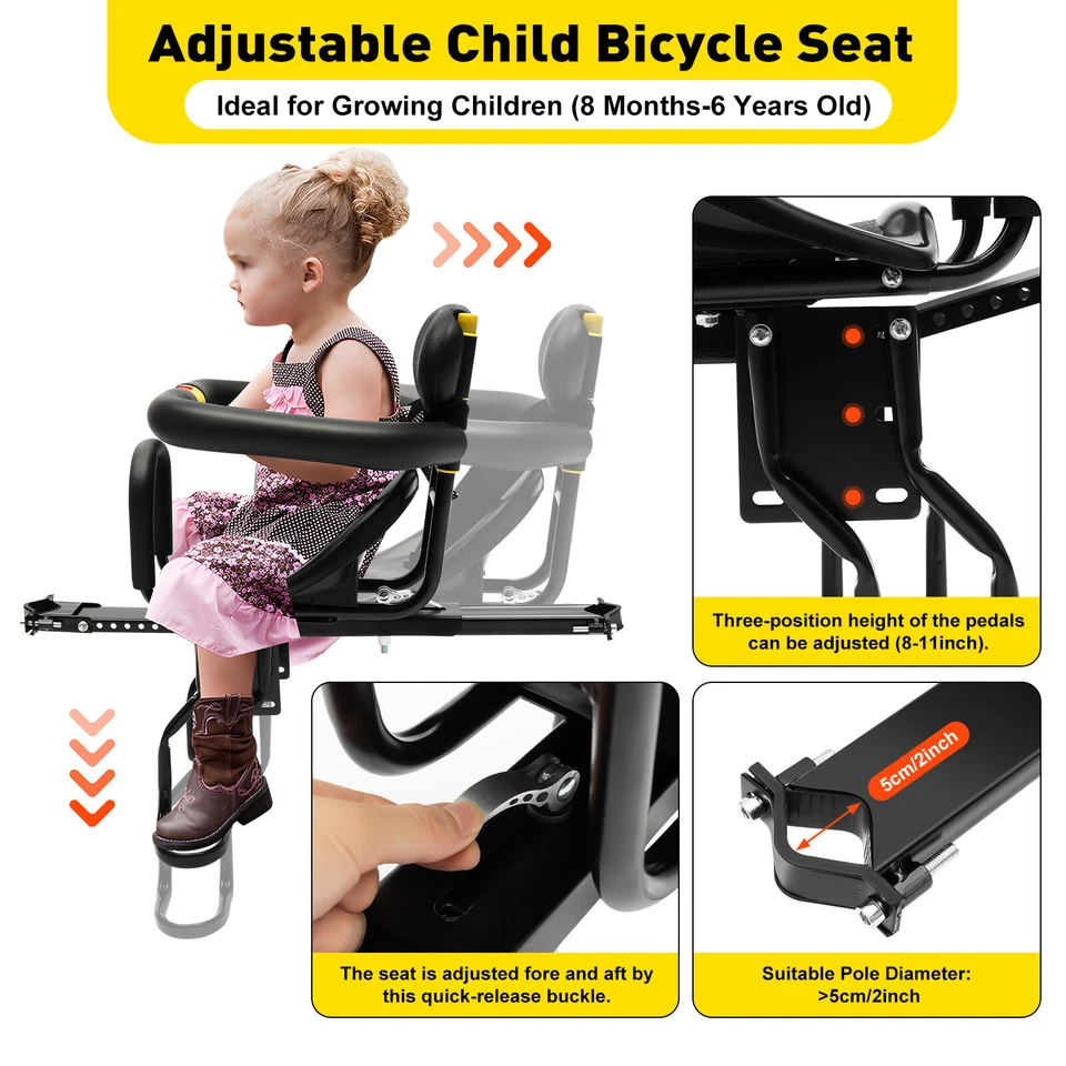 Silla de bicicleta para niños, asientos de seguridad para bicicleta para bebés asiento para niños pequeños para bicicleta negro Foto 2 de 4