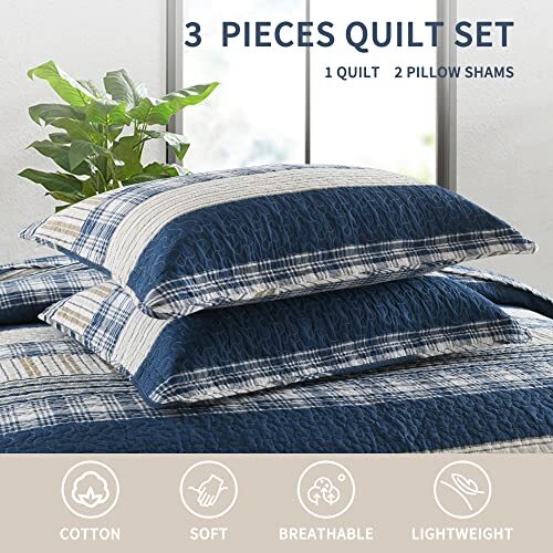 Quilt King Bedding Set -Lightweight Summer King (106"x98") 01blue/Tan/White - Bild 4 von 6