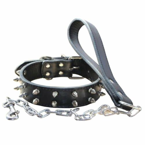 Leather Spiked Studded Dog Collar Chain Leash set for Pit Bull Husky Terrier - Picture 1 of 12