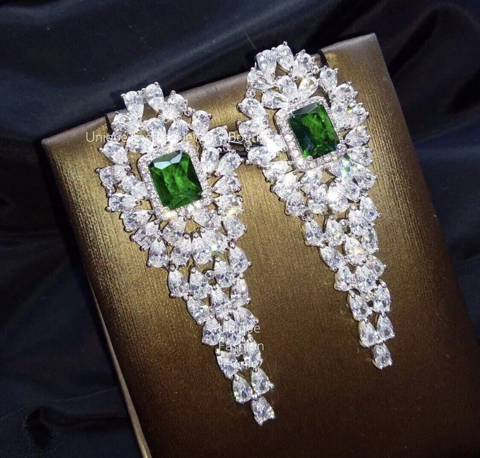 18k White Gold Plated Lab-Created Green Emerald Wedding Chandelier Earrings - Image 4 of 4