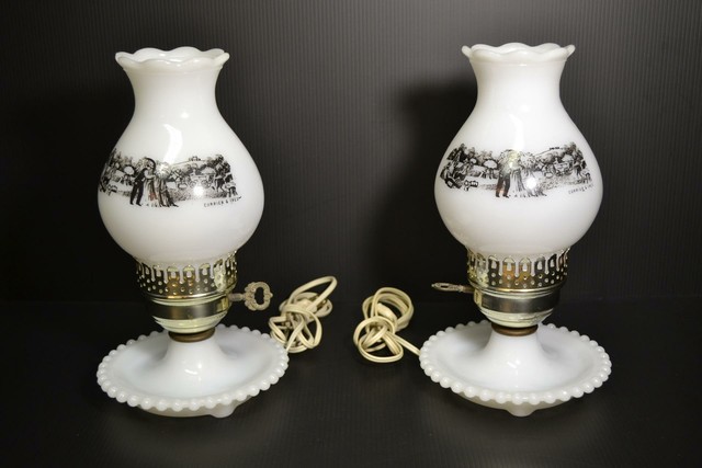 Pair Vintage Currier and Ives Table Lamp Milk Glass Base ...