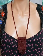 Red Glass Seed Bead Pouch / Purse Necklace Medicine Bag