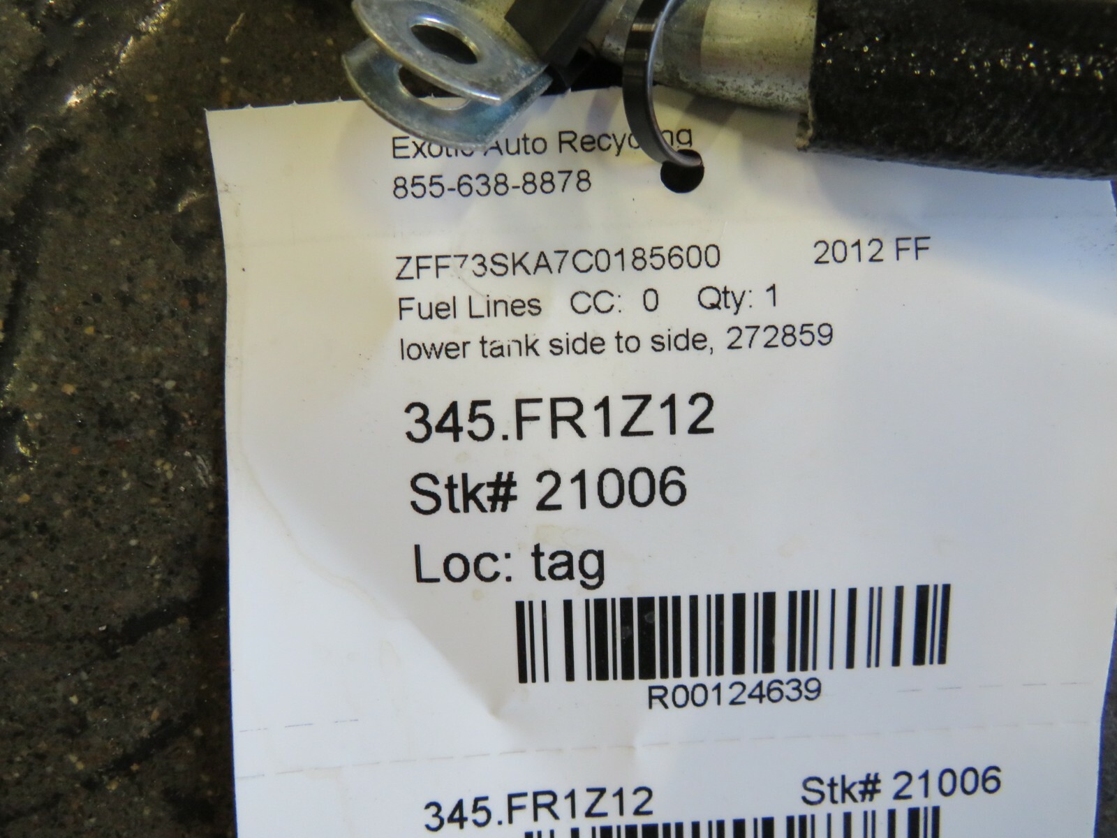 Ferrari FF, Lower Tank Side to Side Fuel Line, Used, P/N 272859