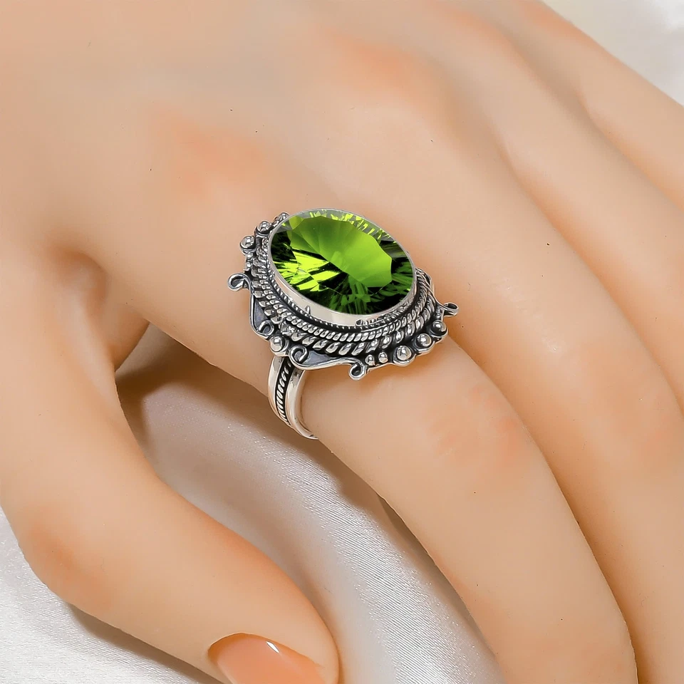 Anillo ajustable de plata de ley 925 maciza con piedras preciosas de peridoto elegante joyería V6496 Foto 2 de 4
