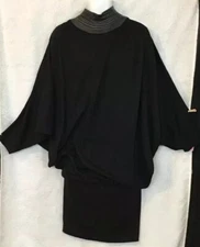 daymor couture dress Black Bat Wing Wool With High Mock Leather Collar Size Med