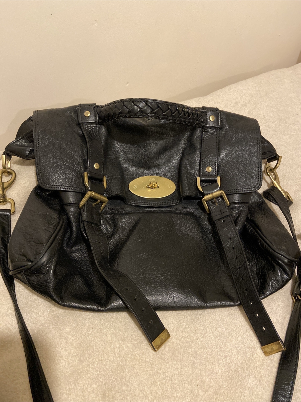 Mulberry Alexa Black Leather medium size satchel strap gold hardware