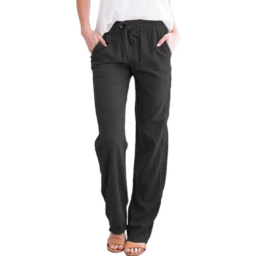 Damen Gerade Elastische Taille Hose Kordelzug Baumwolle Leinen Freizeit Lockere Hose - Bild 19 von 43